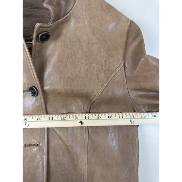 Leather Blazer Jacket with Mao Collar, Front Pockets – Brown Approx. Size M - Picture 15 of 15